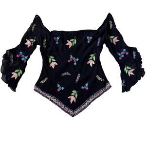 Boston Proper Silk Sheer Embroidered Sequin Off Shoulder Top Women's Large Fairy
